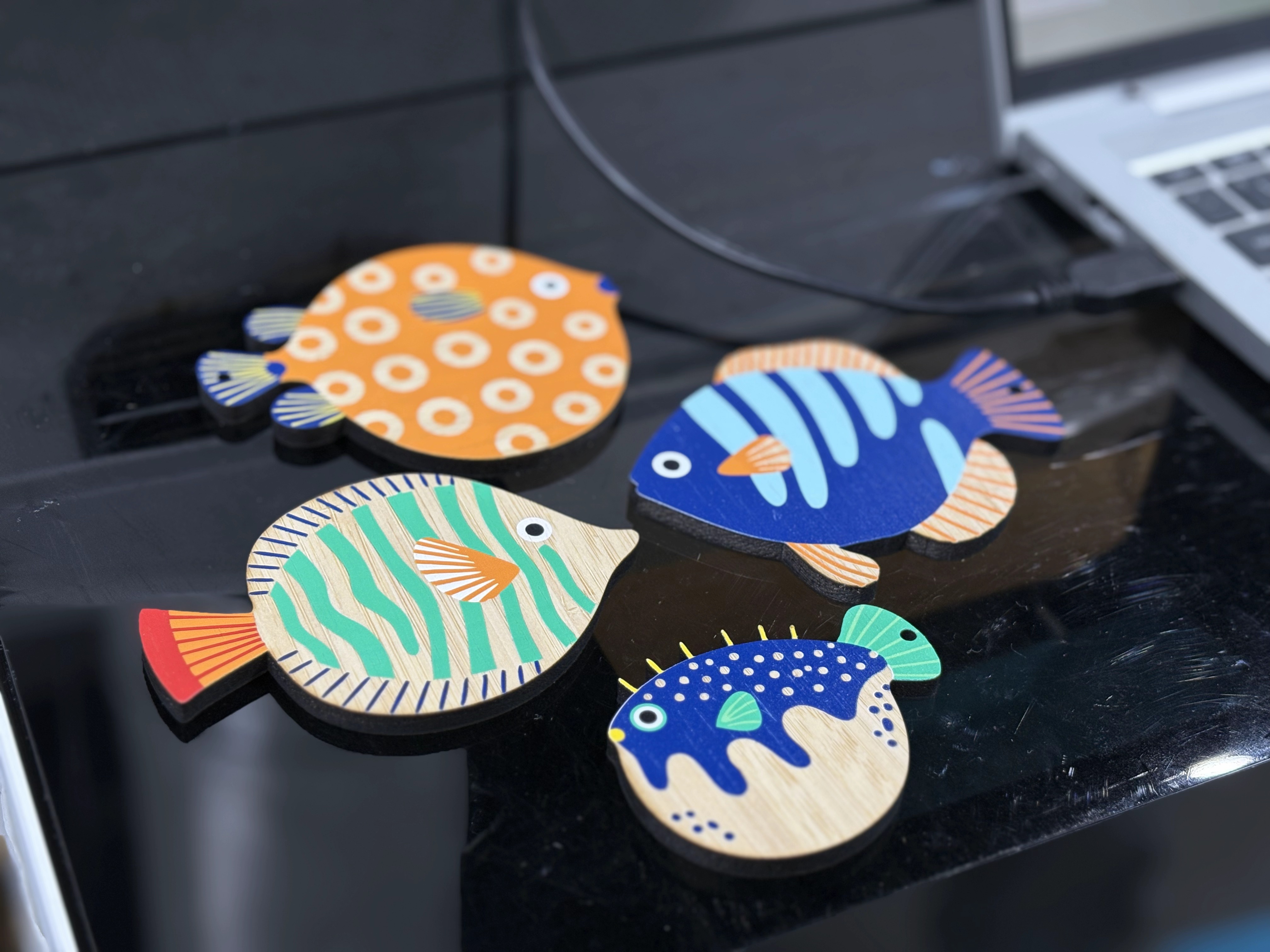 [Laser cut and engrave] UV Printed Wooden Fish & Clock Decor Ornaments