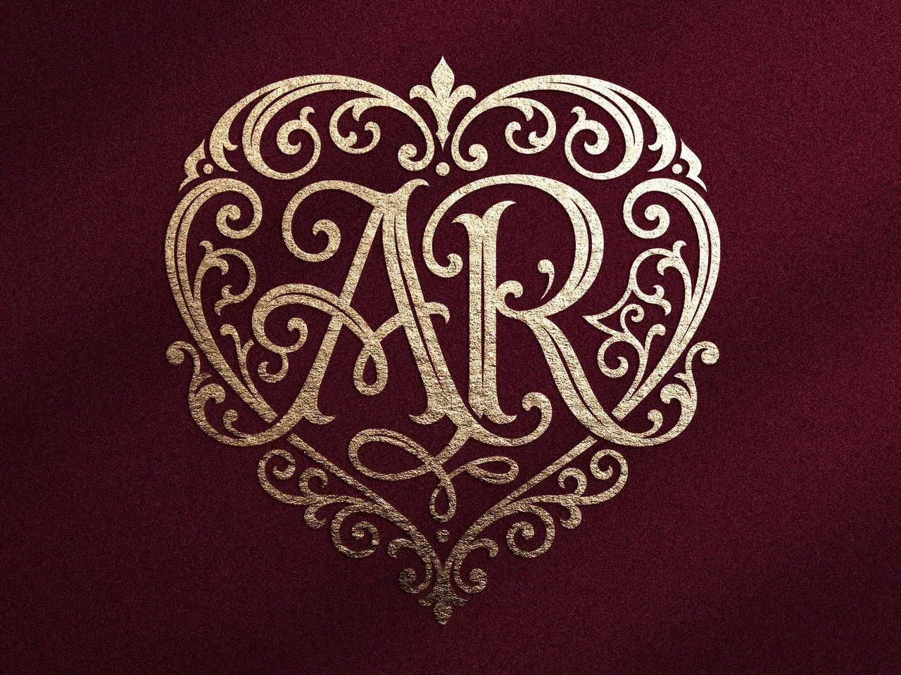 [Laser cut and engrave] Monogramme doré AR avec motif de cœur ornemental sur fond bordeaux