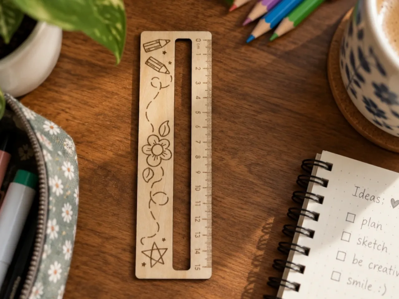 [Laser cut and engrave] Holzlineal mit Blumen- und Sternenmotiv für Schule und Büro