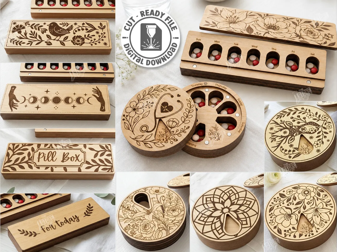 Weekly Wooden Pill Organizer with Floral and Celestial Patterns Laser Cut Bundle. Pillbox. Storage Boxes