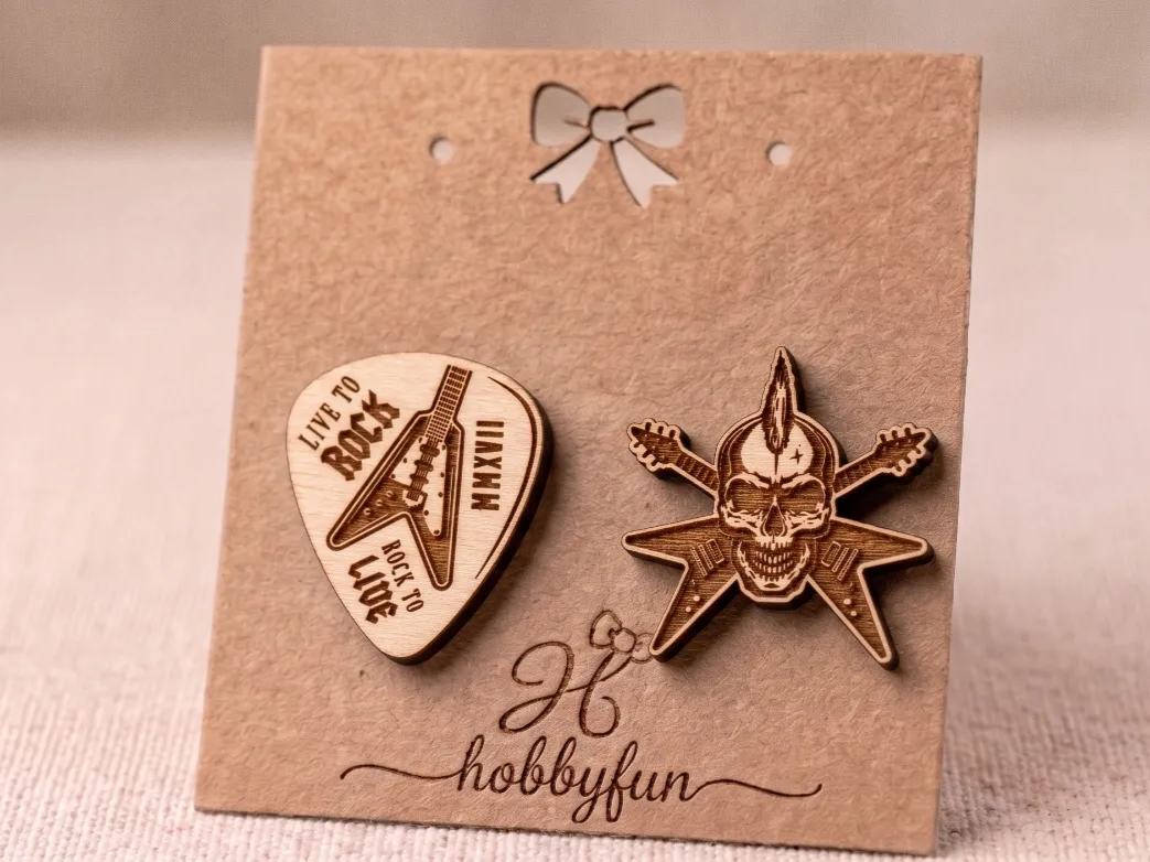 Wooden Guitar Pick and Skull Emblem earring Set