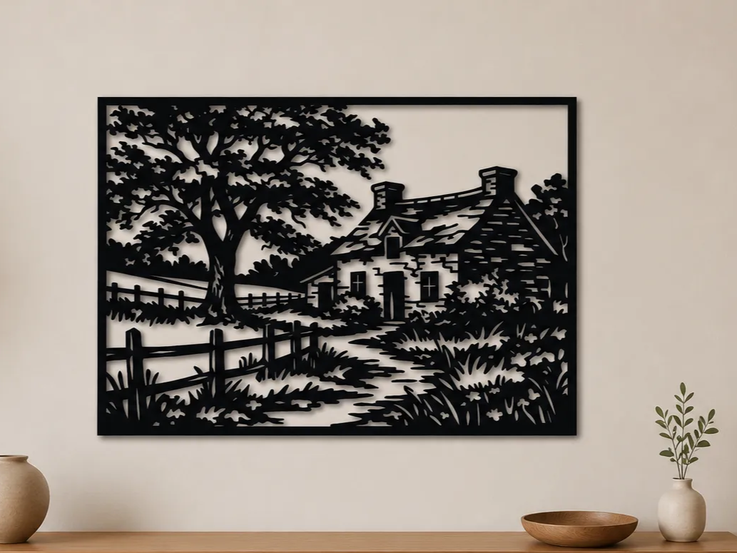 Rustic Cottage Wall Art SVG | Country Farmhouse Landscape | Cottagecore Wall Decor | Laser Cut SVG | Digital Download