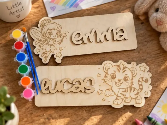 Placas de madera personalizadas con nombres y motivos infantiles para pintar