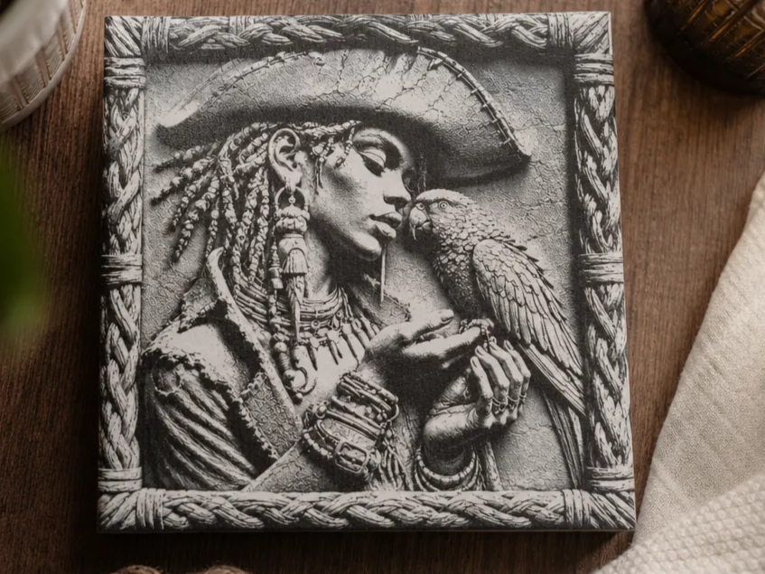 Faïence en relief d'une femme pirate et son perroquet dans un cadre tréssé