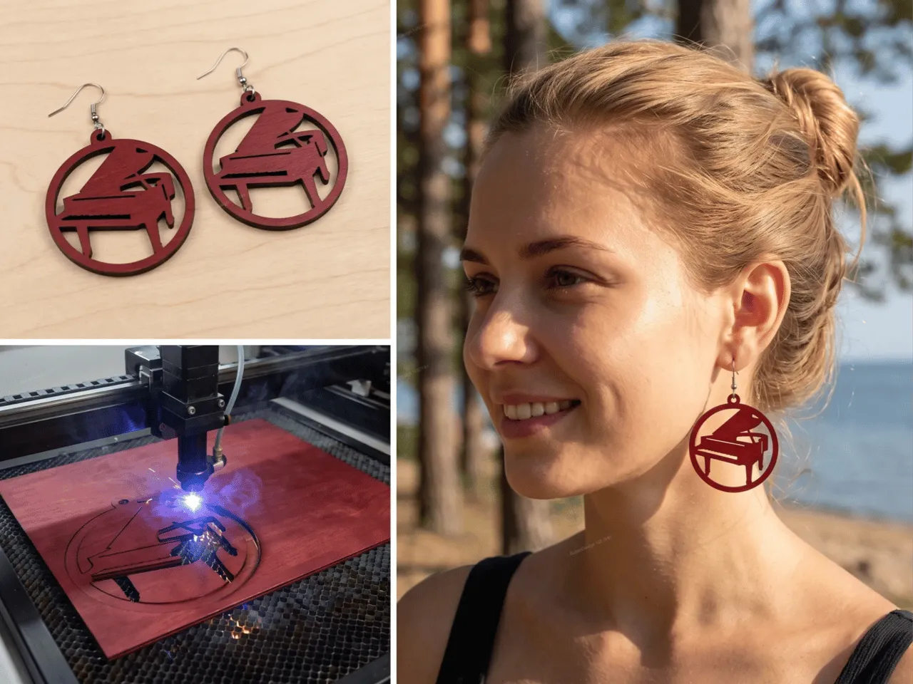 [Laser cut and engrave] Grand Piano Classical Music Circular Hoop Dangle Earrings Laser Cut