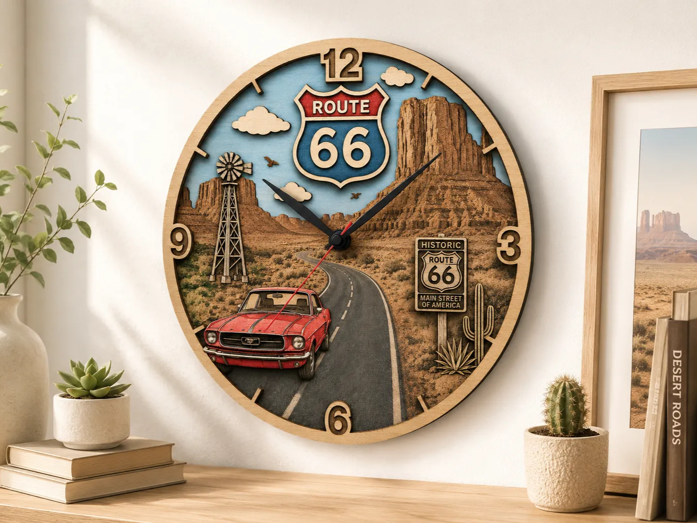 Horloge murale ronde avec paysage de la Route 66 et voiture