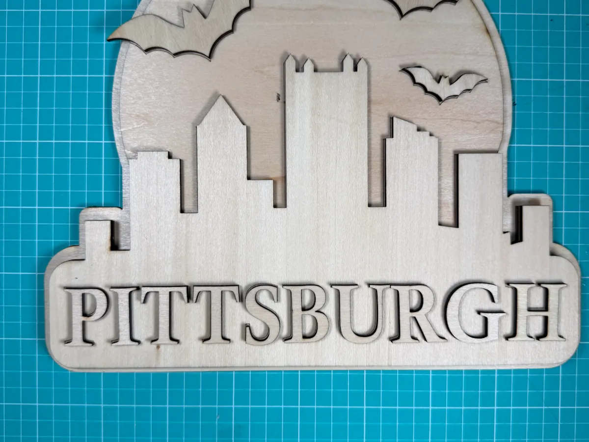[Laser cut and engrave] Pittsburgh Skyline Wall Sign with Moon and Bats