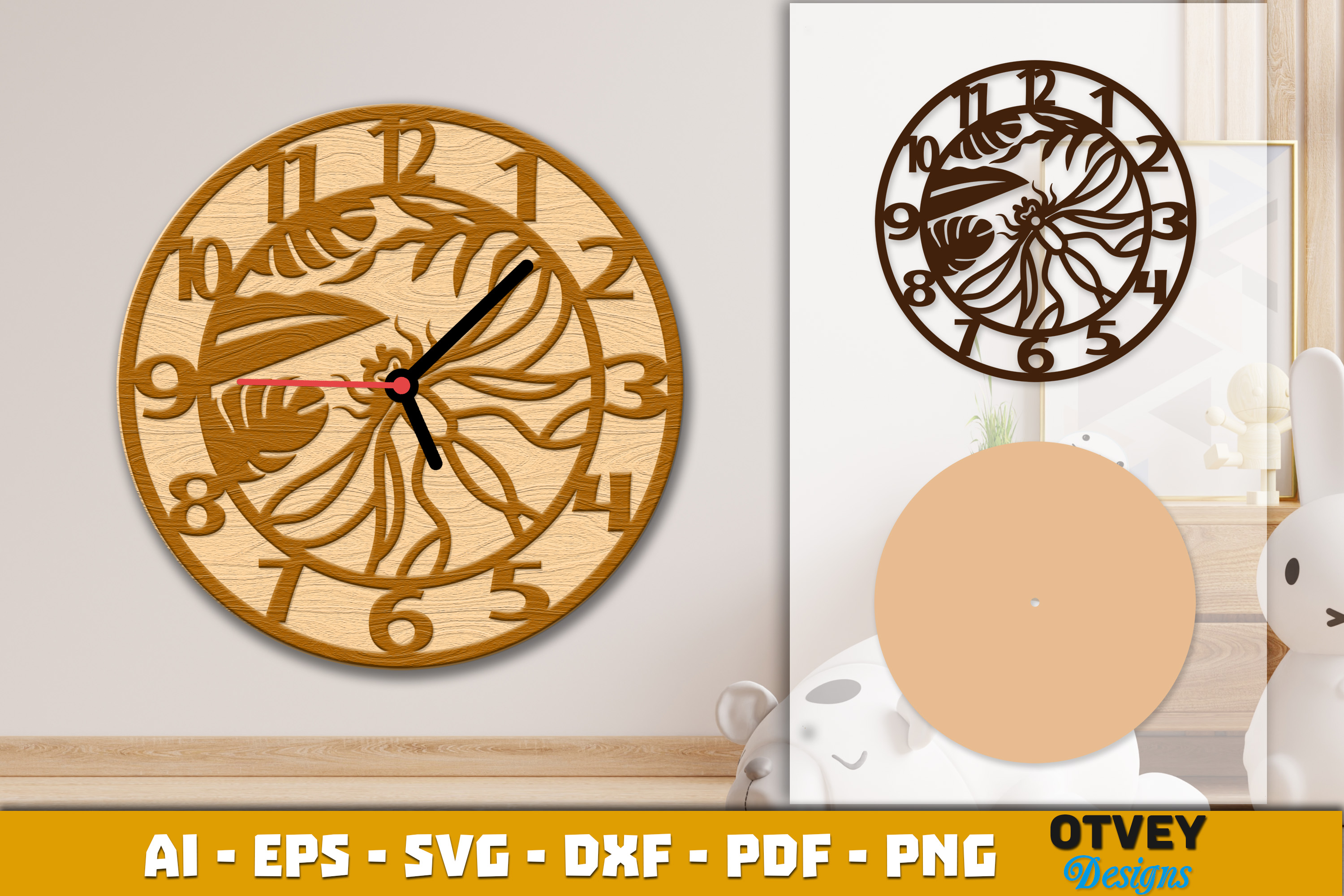 [Laser cut and engrave] Dragonfly Themed Round Wall Clock with Tropical Leaf Patterns