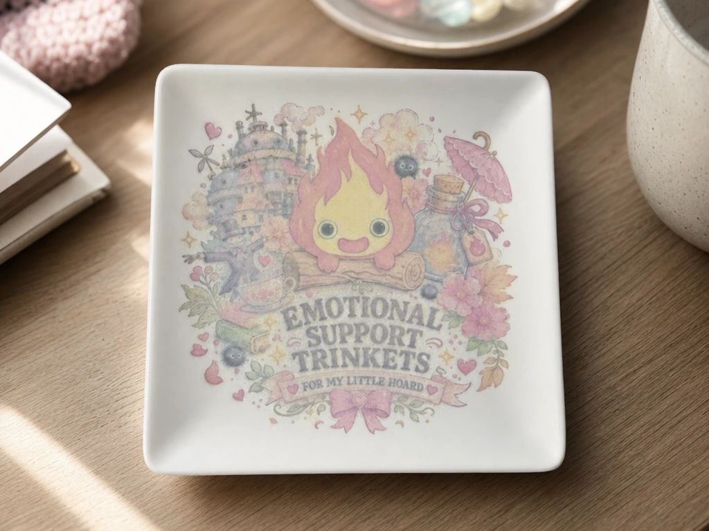 Emotional Support Trinkets Square Ceramic Jewelry Dish Printable Tray Fanart Howls Moving Castle Calcifer