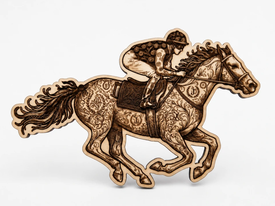 Detailed Wooden race Horse and Jockey Wall Art