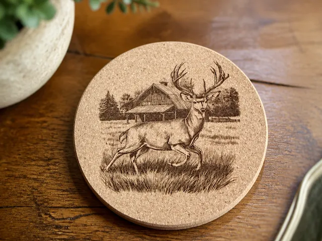 Round Cork Trivet Featuring a Deer and Rustic Barn Scene
