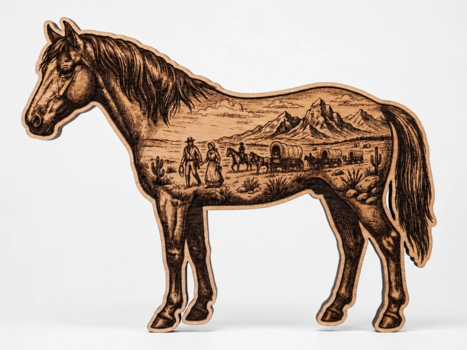 Pferdeform mit Wildwest-Landschaft und Planwagen (Wandbild)