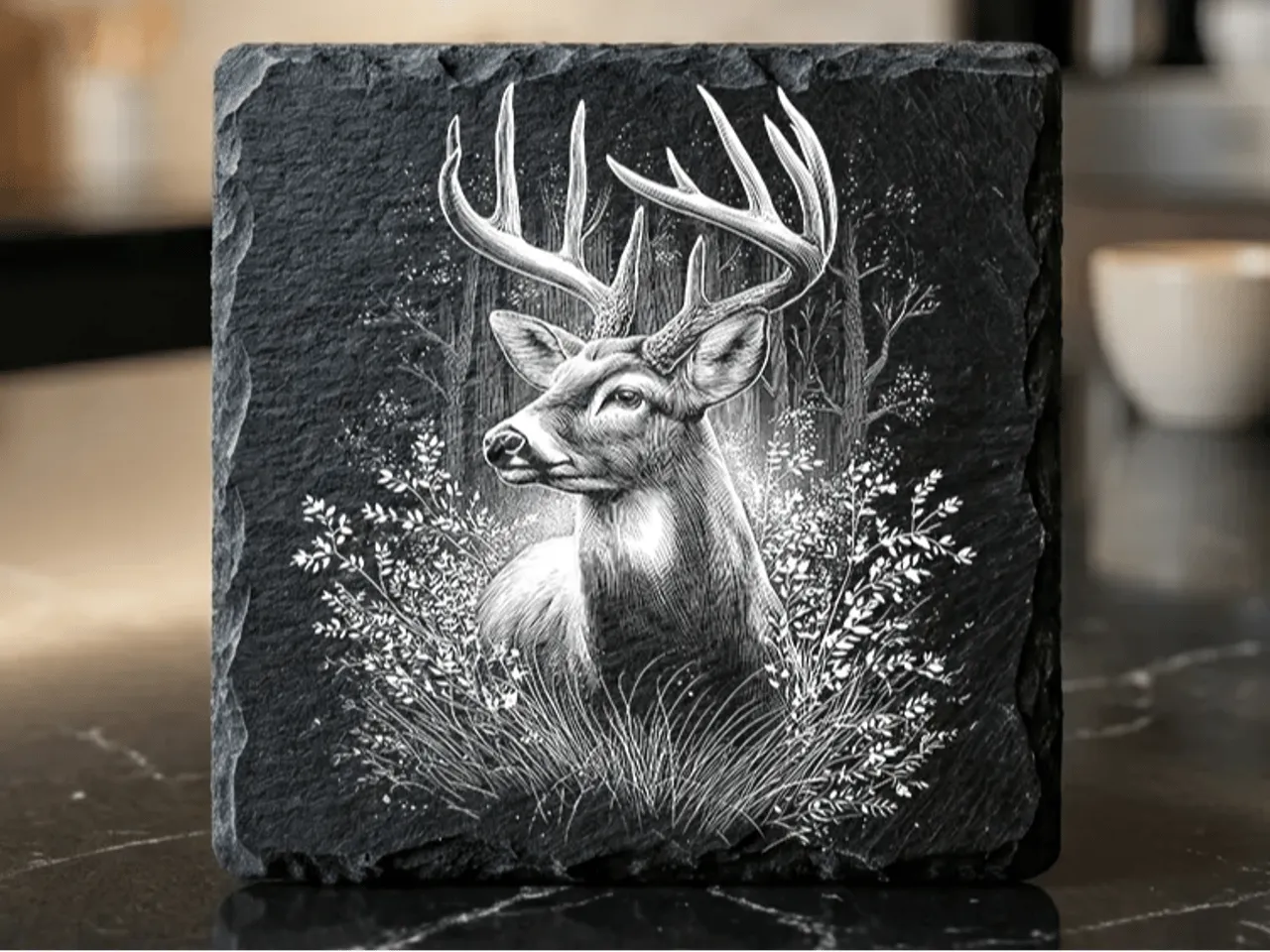 [Laser cut and engrave,Screen printing] Square Slate Coaster Featuring a Detailed Stag in the Forest