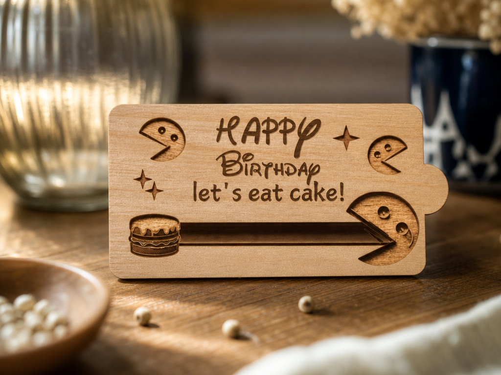 Happy Birthday Let's Eat Cake Wooden Sign with Pac-Man Motif