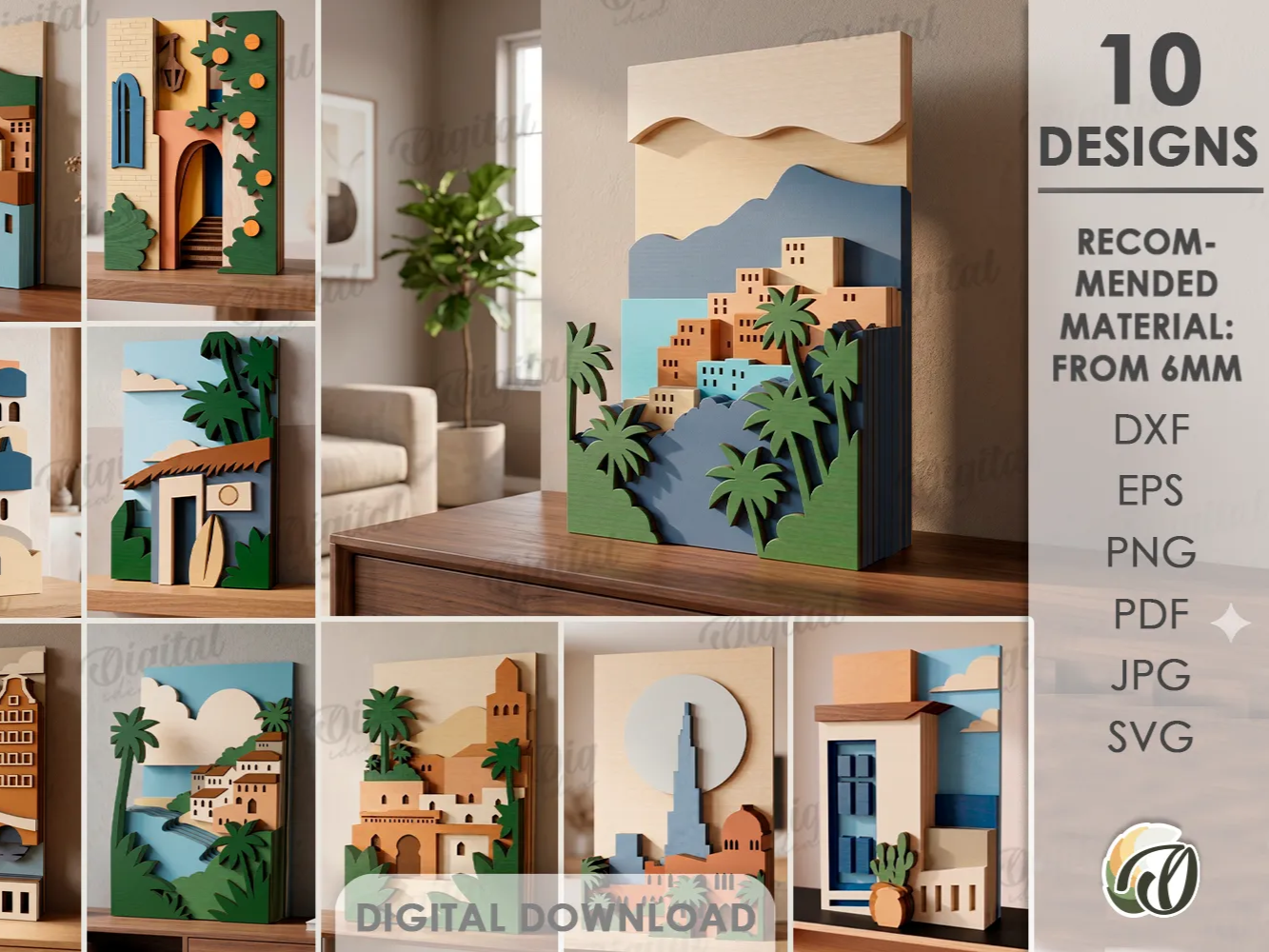 3D Layered Cityscape Decors Bundle. Coastal Village Wall Art Lasercut Files. Mediterranean Urban Shelf sitter. Tropical Architecture. Summer