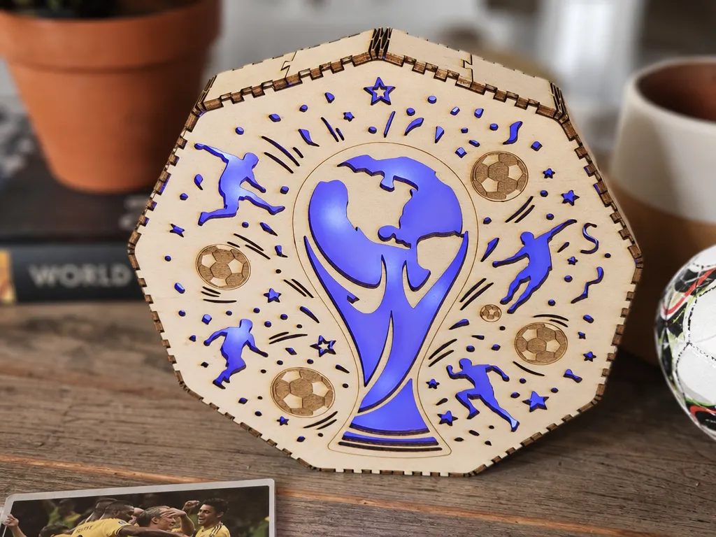 Veilleuse hexagonale avec trophée de football et joueurs