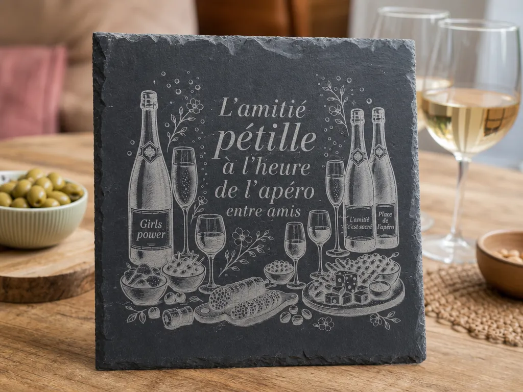 Plaque en ardoise avec illustration apéritif et citation sur l'amitié