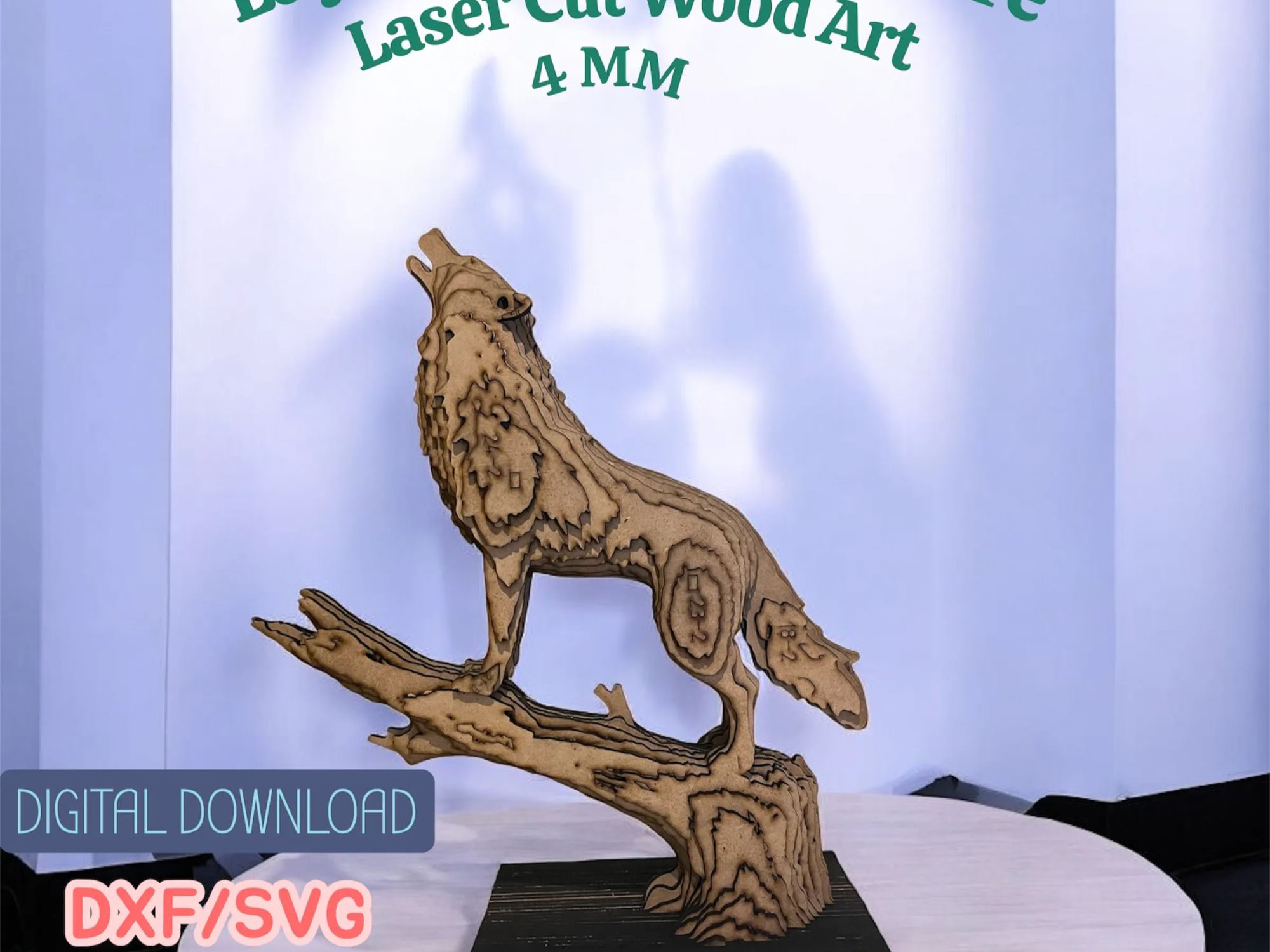 Laser Cut Wolf Sculpture | 3D Layered Wood Art (SVG DXF Digital File)
