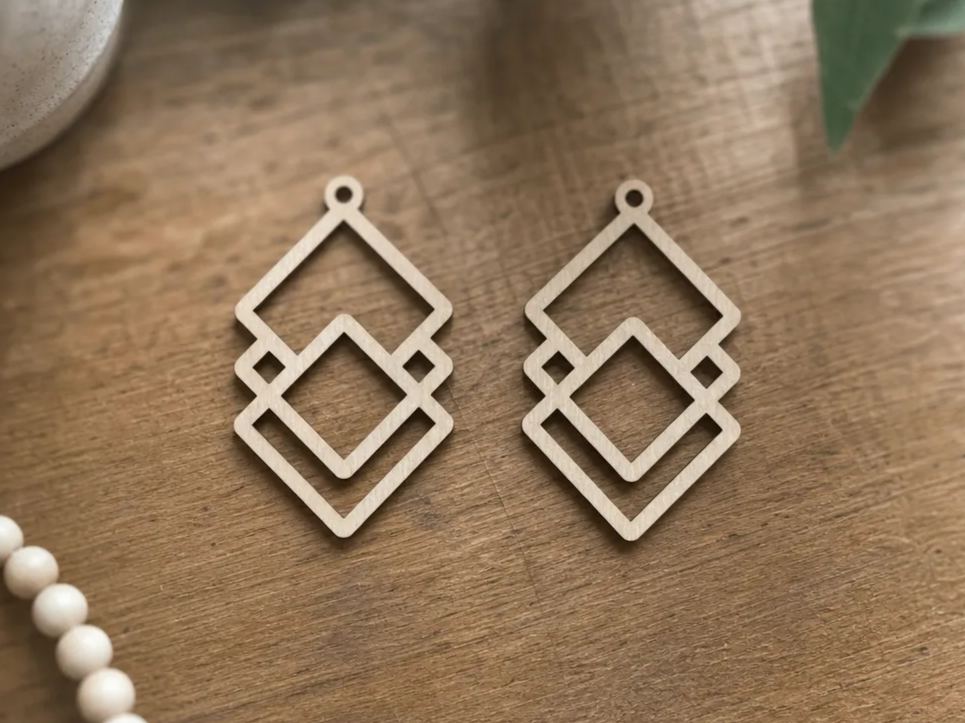 Geometric diamond shape wooden earring pendants