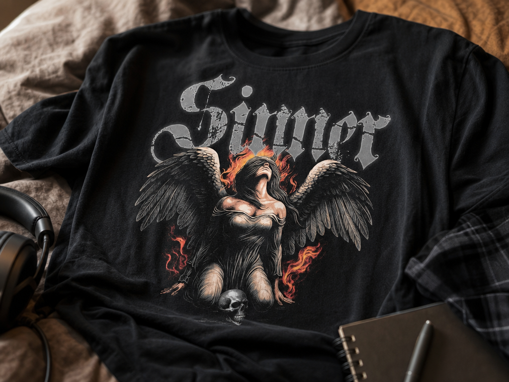 Black T-Shirt Featuring Sinner Angel and Skull Graphic