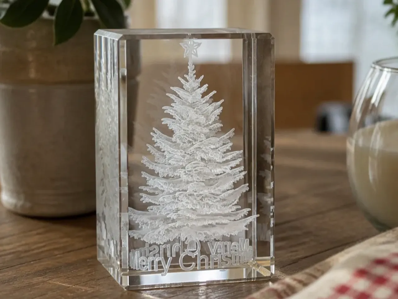 [Laser cut and engrave] Clear Glass Block with Merry Christmas Tree Motif