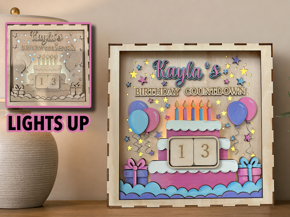 Personalized Birthday Countdown Calendar with Light Up Cake and Balloon Motif