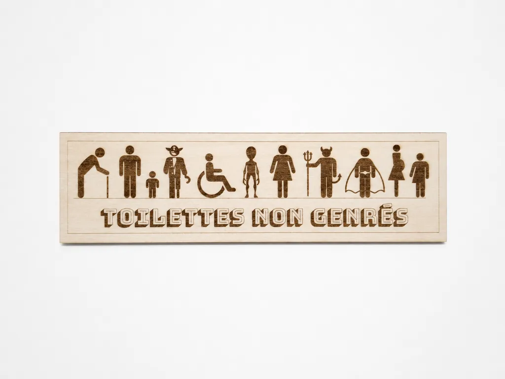 Plaque de porte pour toilettes non genrées avec pictogrammes inclusifs