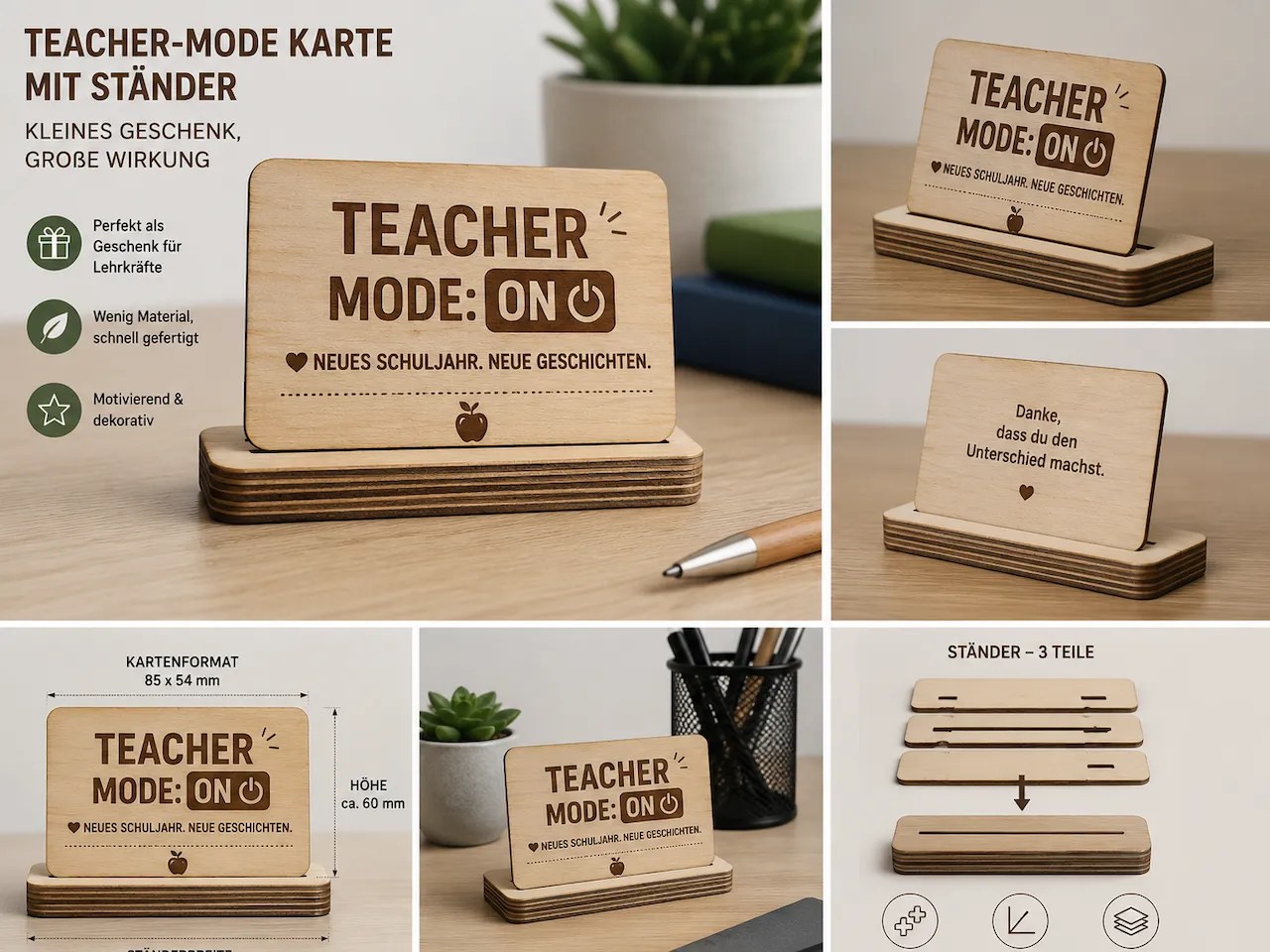 [Laser cut and engrave] Holzaufsteller mit Lehrer-Spruch für den Schreibtisch