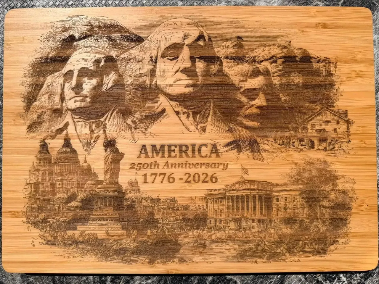 [Laser cut and engrave] America 250th Anniversary Commemorative Bamboo Cutting Board with Mount Rushmore and Statue of Liberty