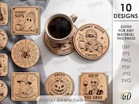 [Laser cut and engrave] Halloween Coasters Bundle. Funny Coaster Laser Cut Files. Spooky Drink Coaster SVG. Ghost. Skull. Witch. Jack O Lantern. Halloween Decor