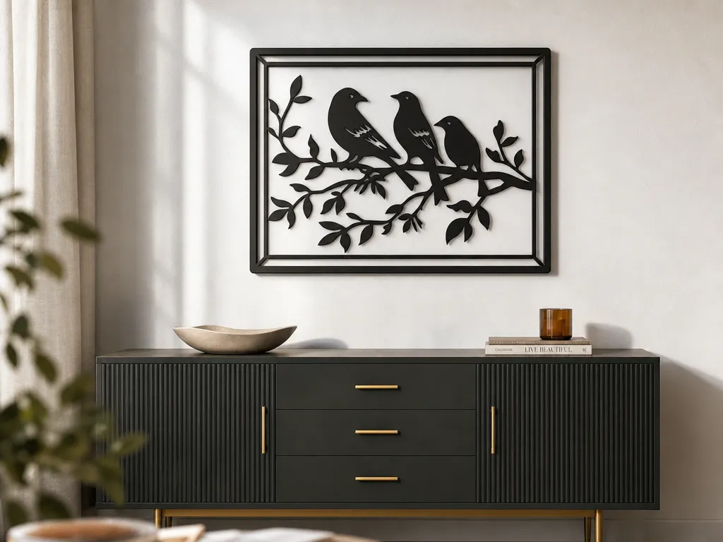 Three Birds Wall Art SVG, Bird Branch SVG, Nature Wall Decor, Laser Cut File, Bird Silhouette Frame, Woodland Wall Art