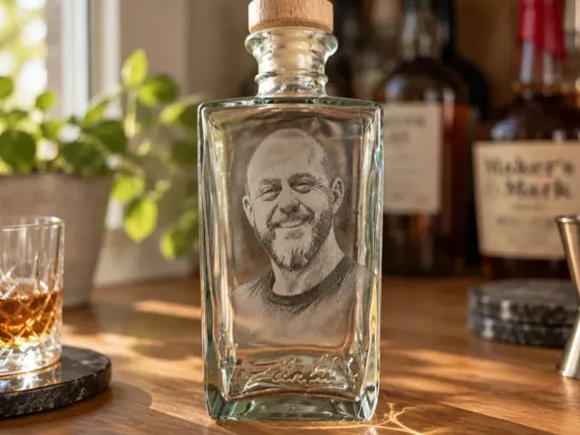 Skleněná karafa na alkohol s portrétem muže