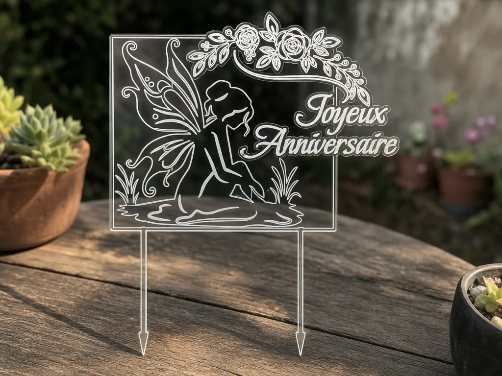 Topper de gâteau Joyeux Anniversaire avec motif fée et fleurs
