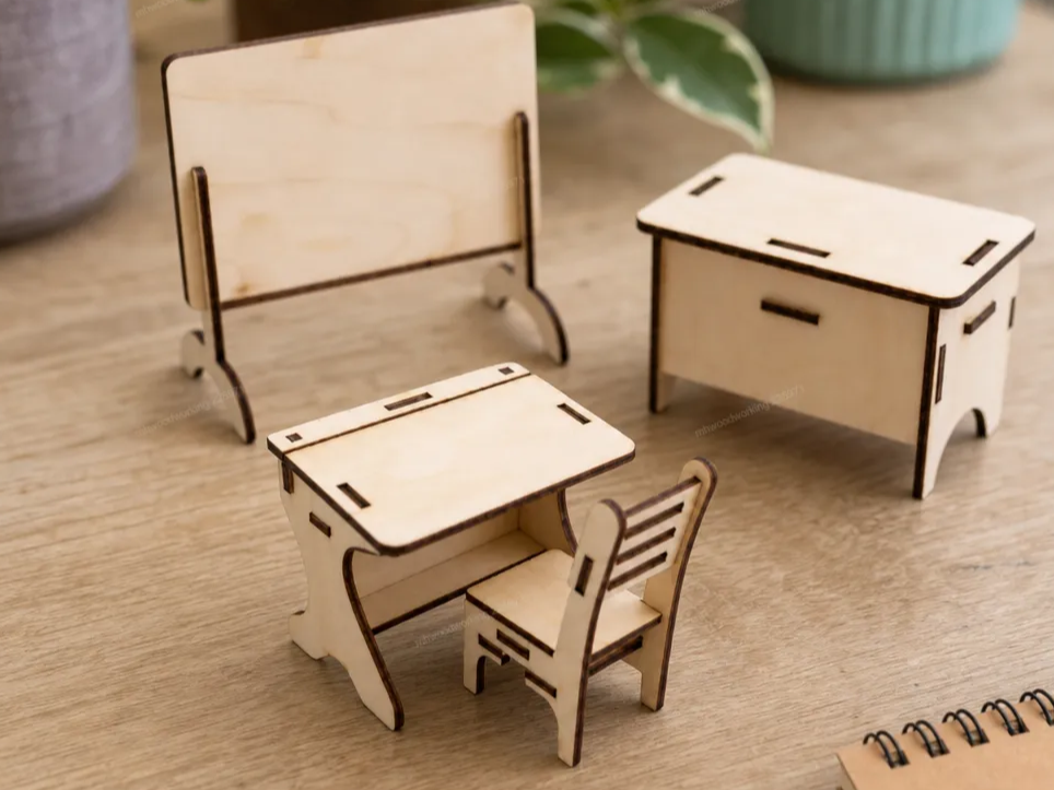 Miniature Wooden Classroom Furniture Set with Desk Chair and Chalkboard