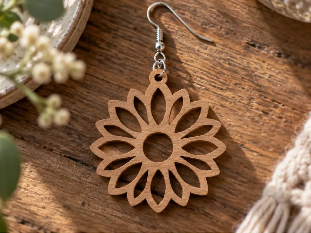 [Laser cut and engrave] Wooden sunflower dangle earring