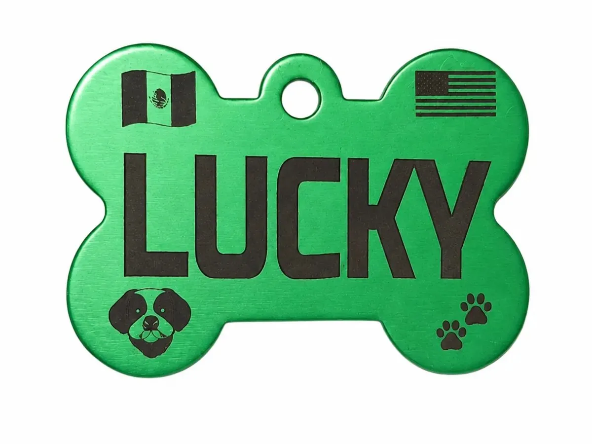 [Laser cut and engrave,Screen printing] Green Bone Shaped Pet ID Tag with Lucky Name and Flags