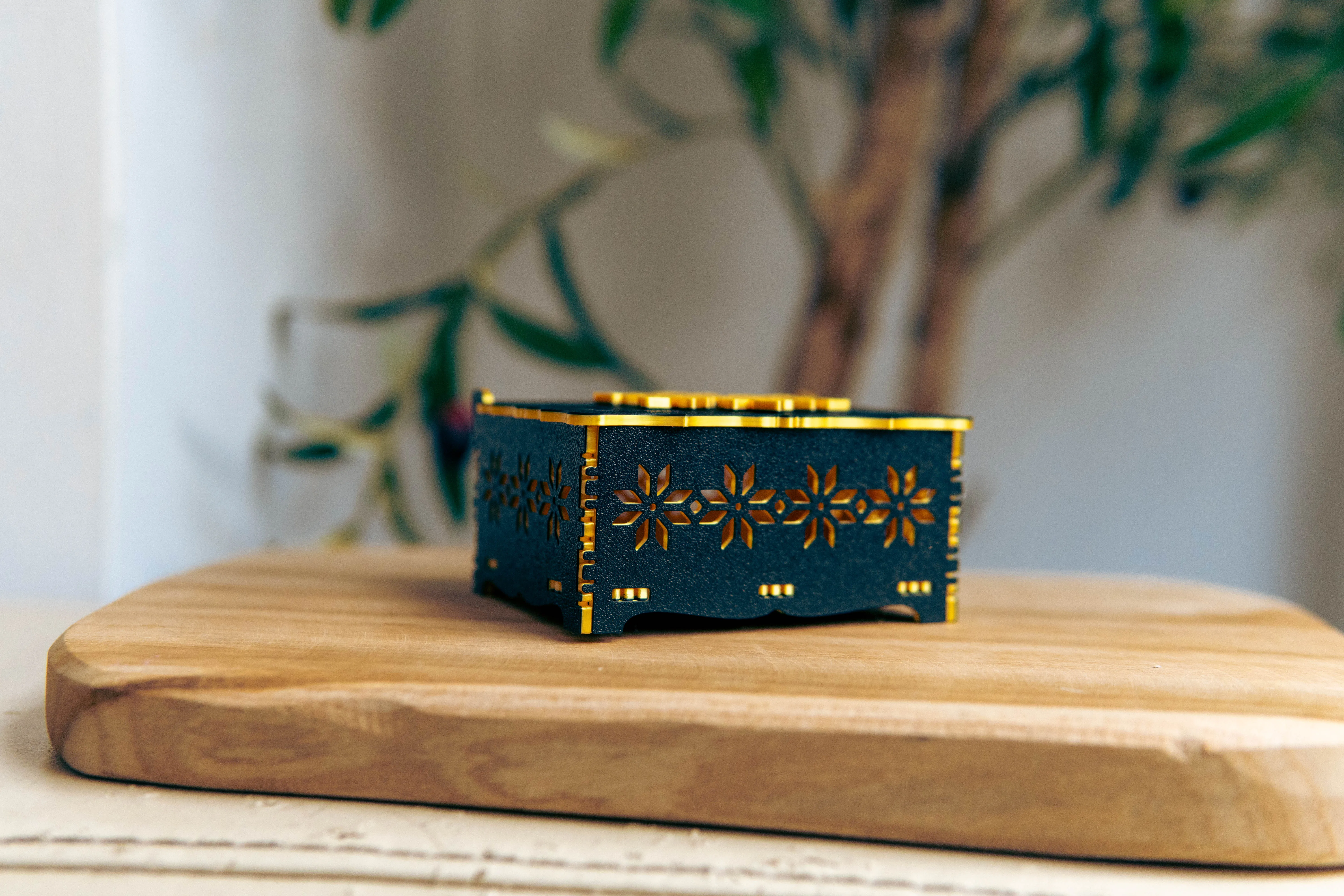 [Laser cut and engrave] Illuminated wooden box with floral cutout patterns