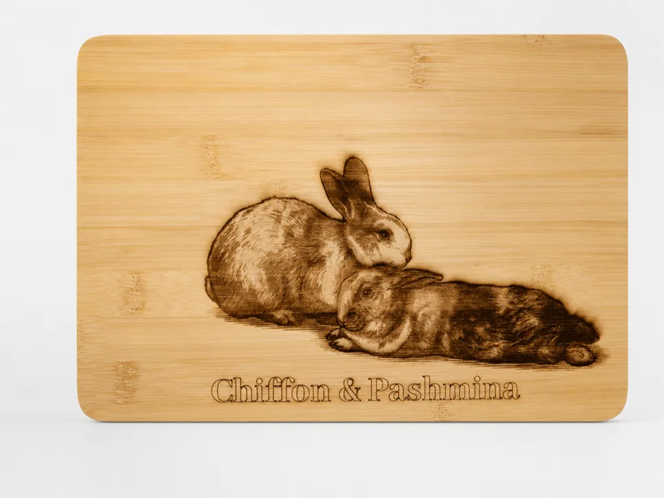 Bamboo Cutting Board Featuring Chiffon and Pashmina Rabbit Picture