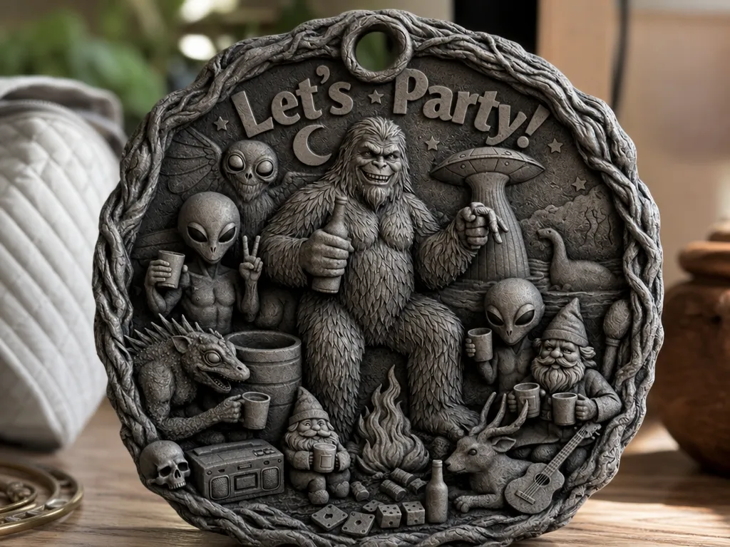 Let's Party Bigfoot and Alien Themed Round Keychain