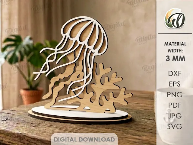 3D Summer stand. Layered summer decor laser cut files. Sea life stand. Wooden shelf sitter. Jellyfish