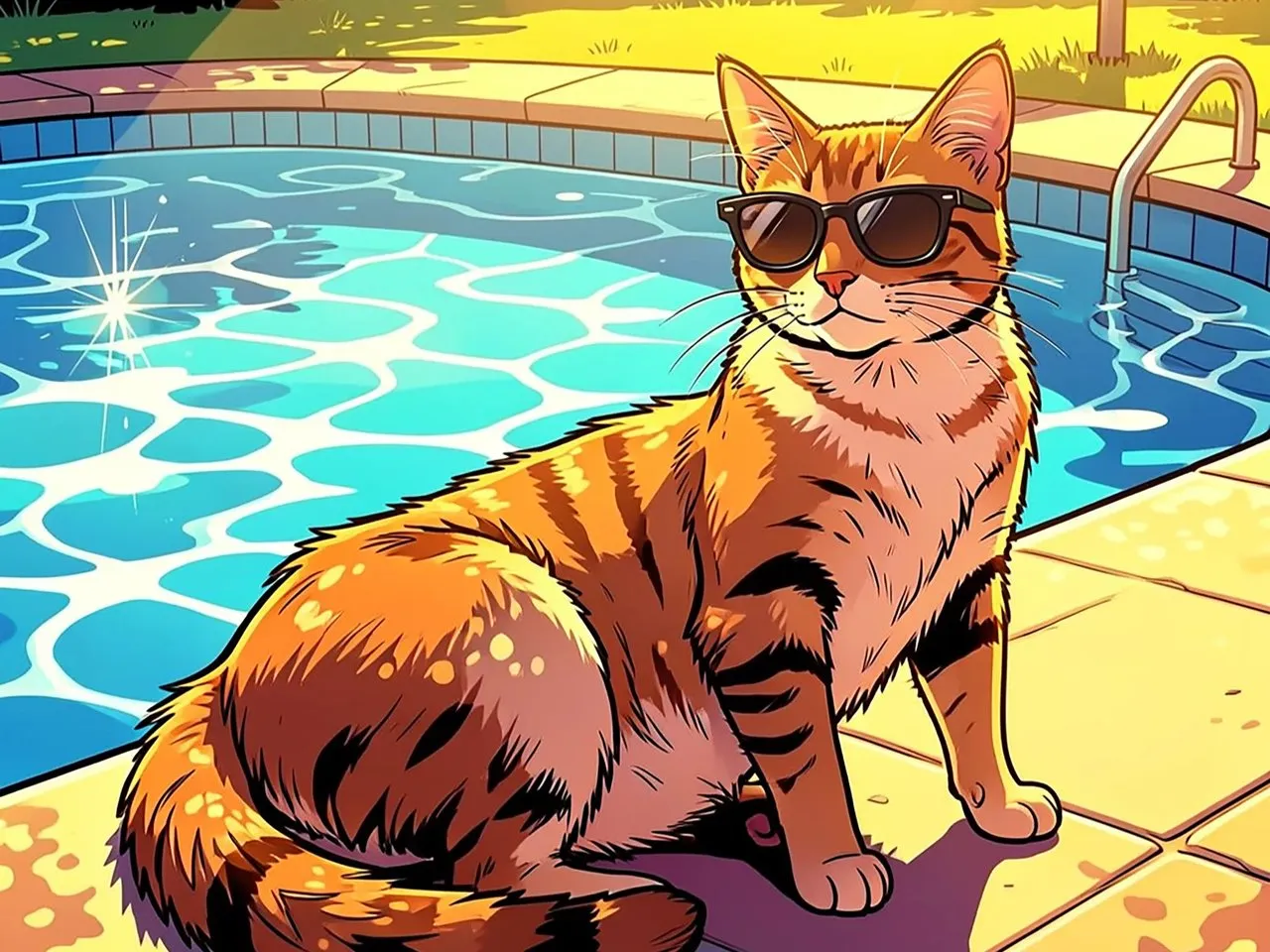 [Laser cut and engrave] Orange Tabby Cat Wearing Sunglasses by a Swimming Pool