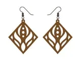 [Laser cut and engrave,Other] Diamond Shaped Wooden Dangle Earrings with Cutout Floral Motif