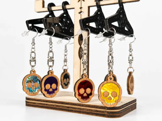 Abalone Shell Inlay Wooden Skull Earrings Engraved