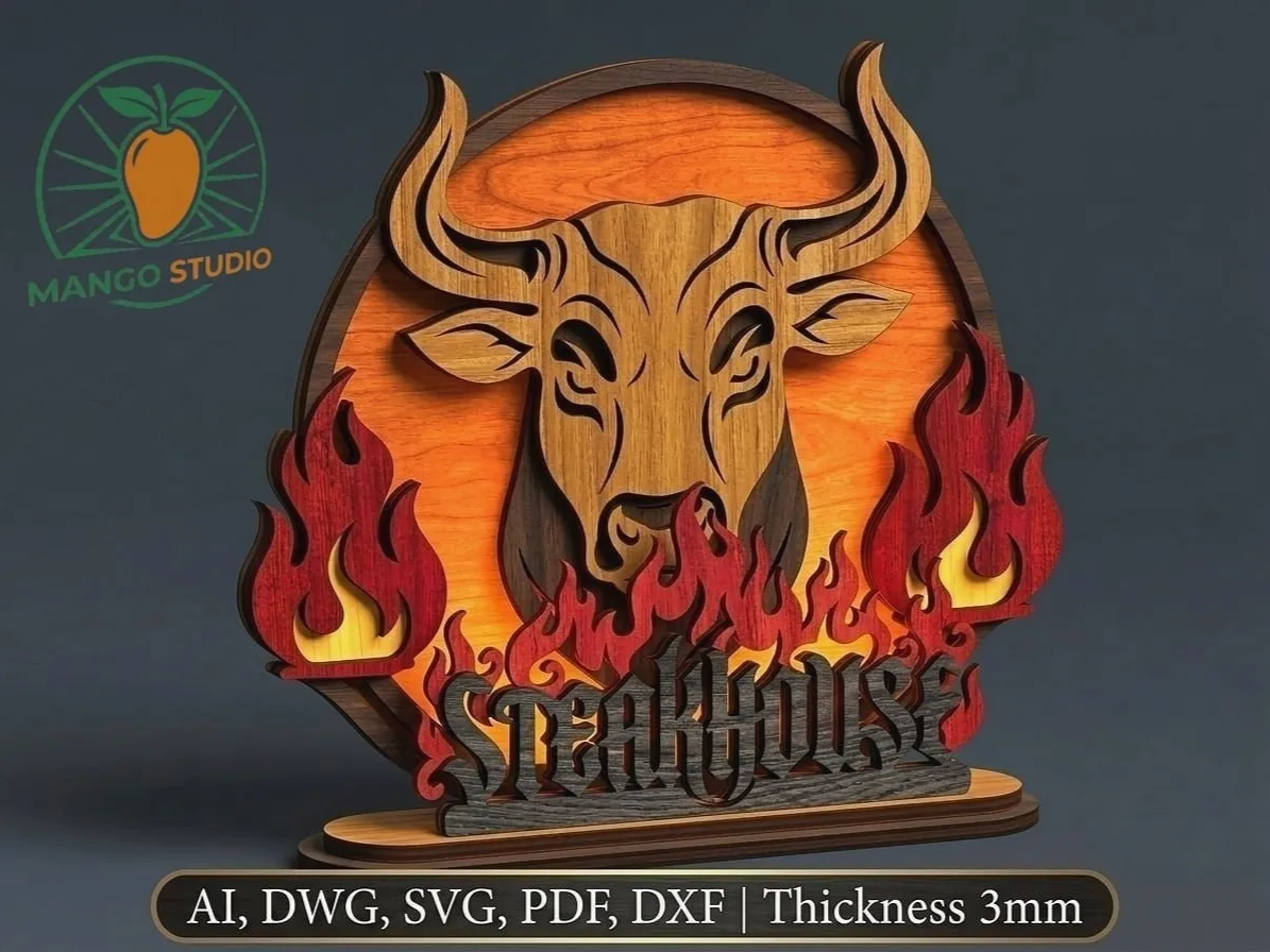 3D Bull Steakhouse Layered Laser Cut SVG