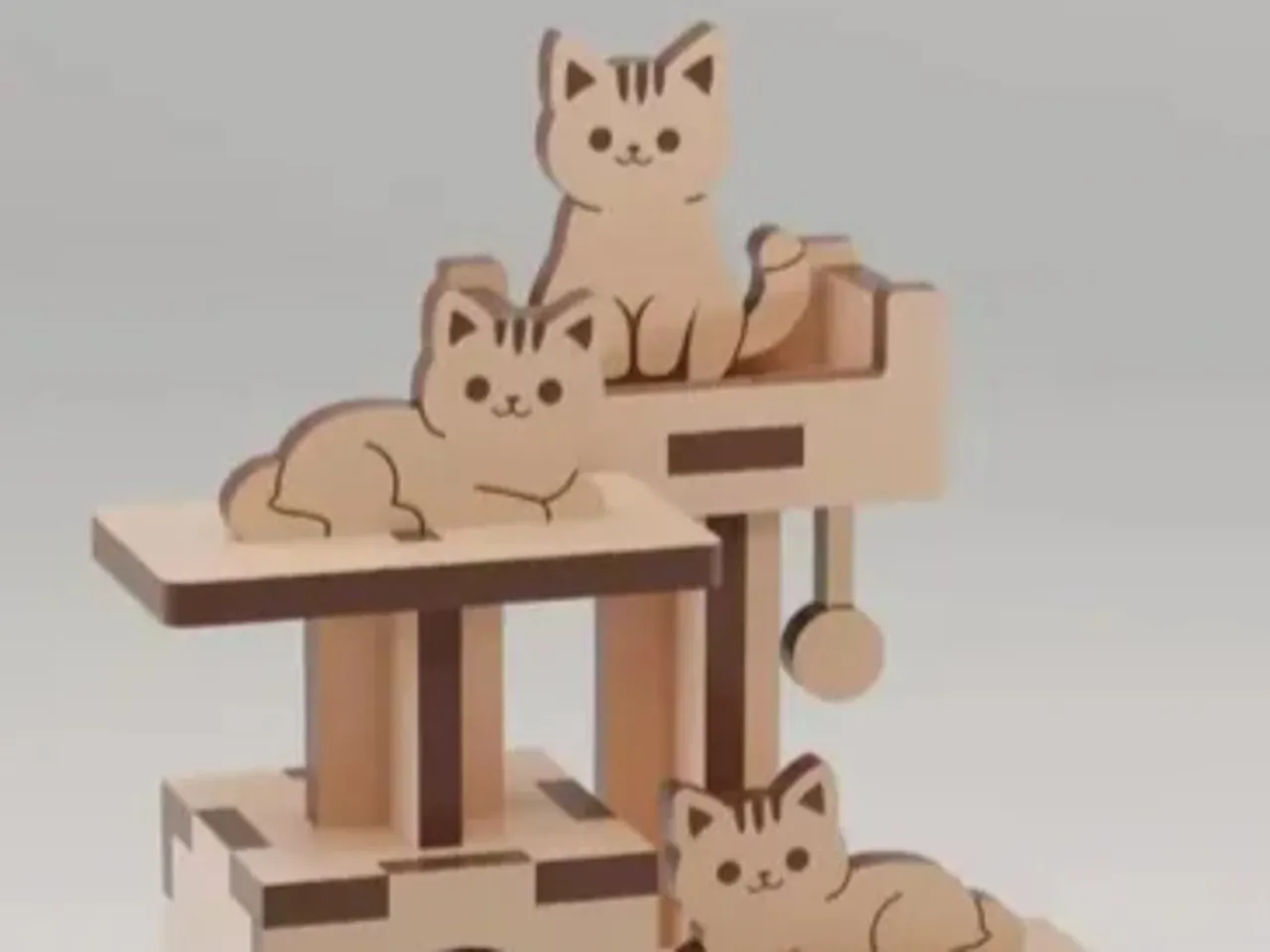 [Laser cut and engrave] Miniature Wooden Cat Tree with Three Cute Cats
