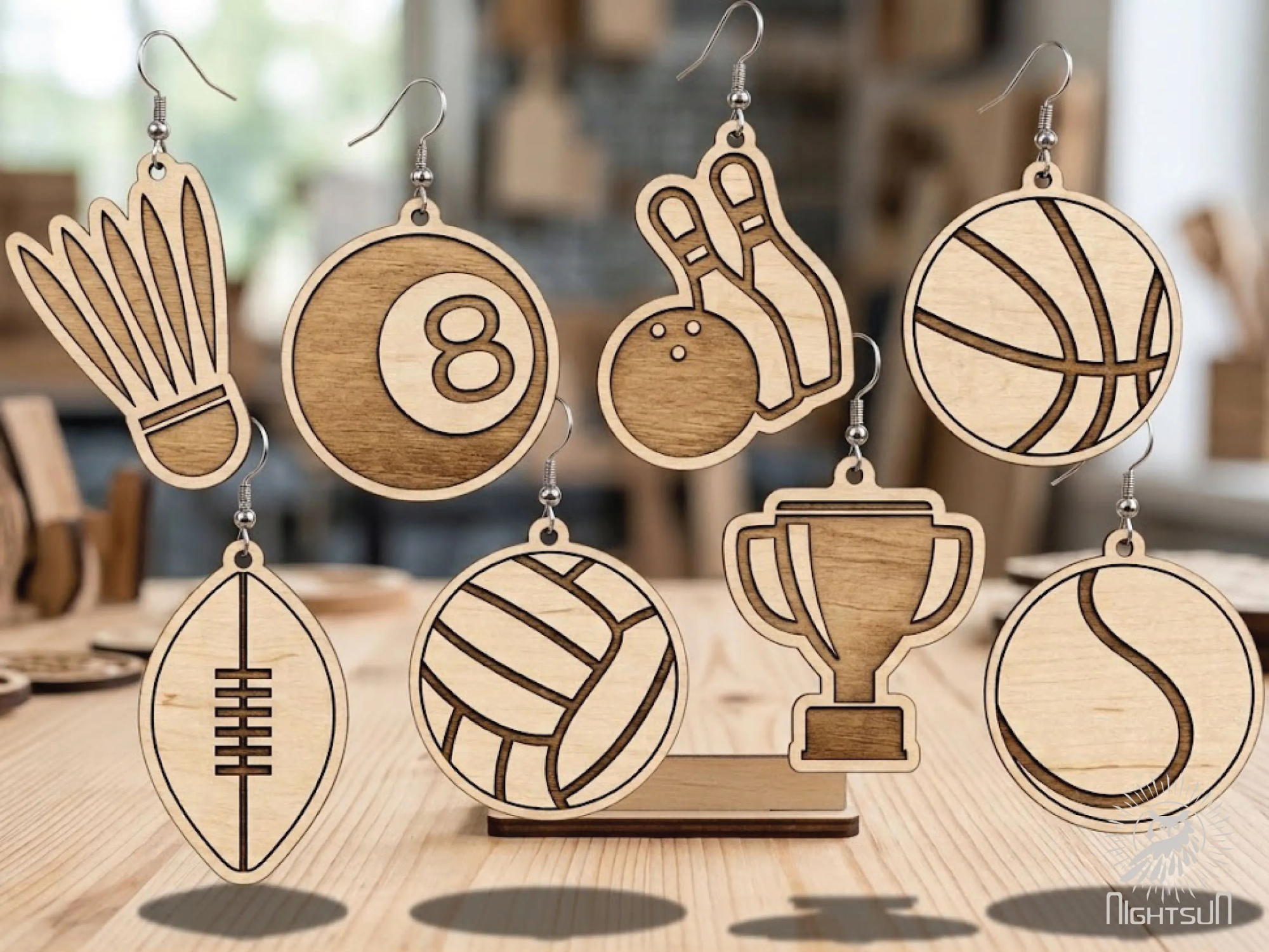 Sports Themed Wooden Dangle Earrings Featuring Balls and Trophies