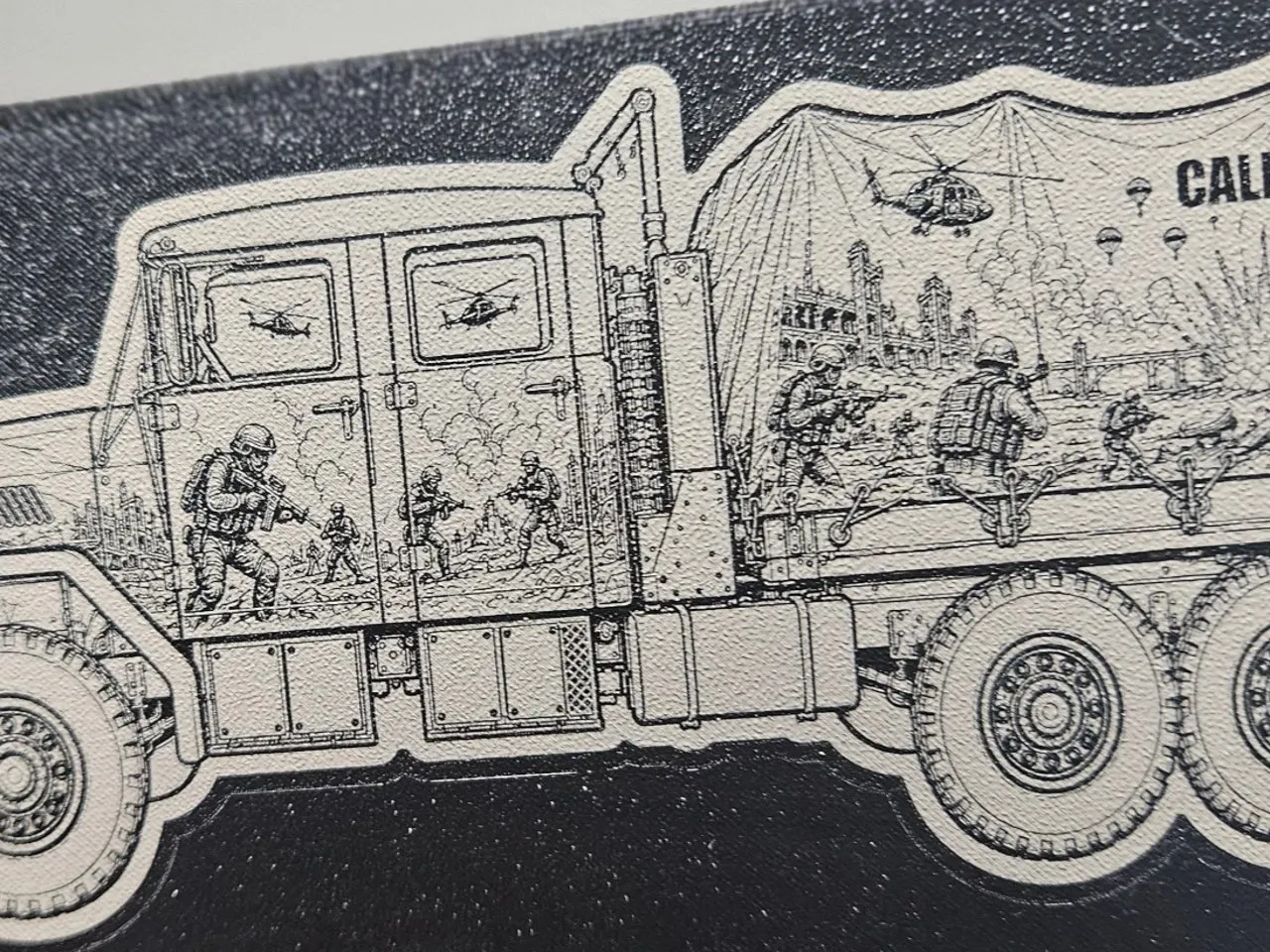 [Laser cut and engrave] Military truck illustration with soldiers and combat scene