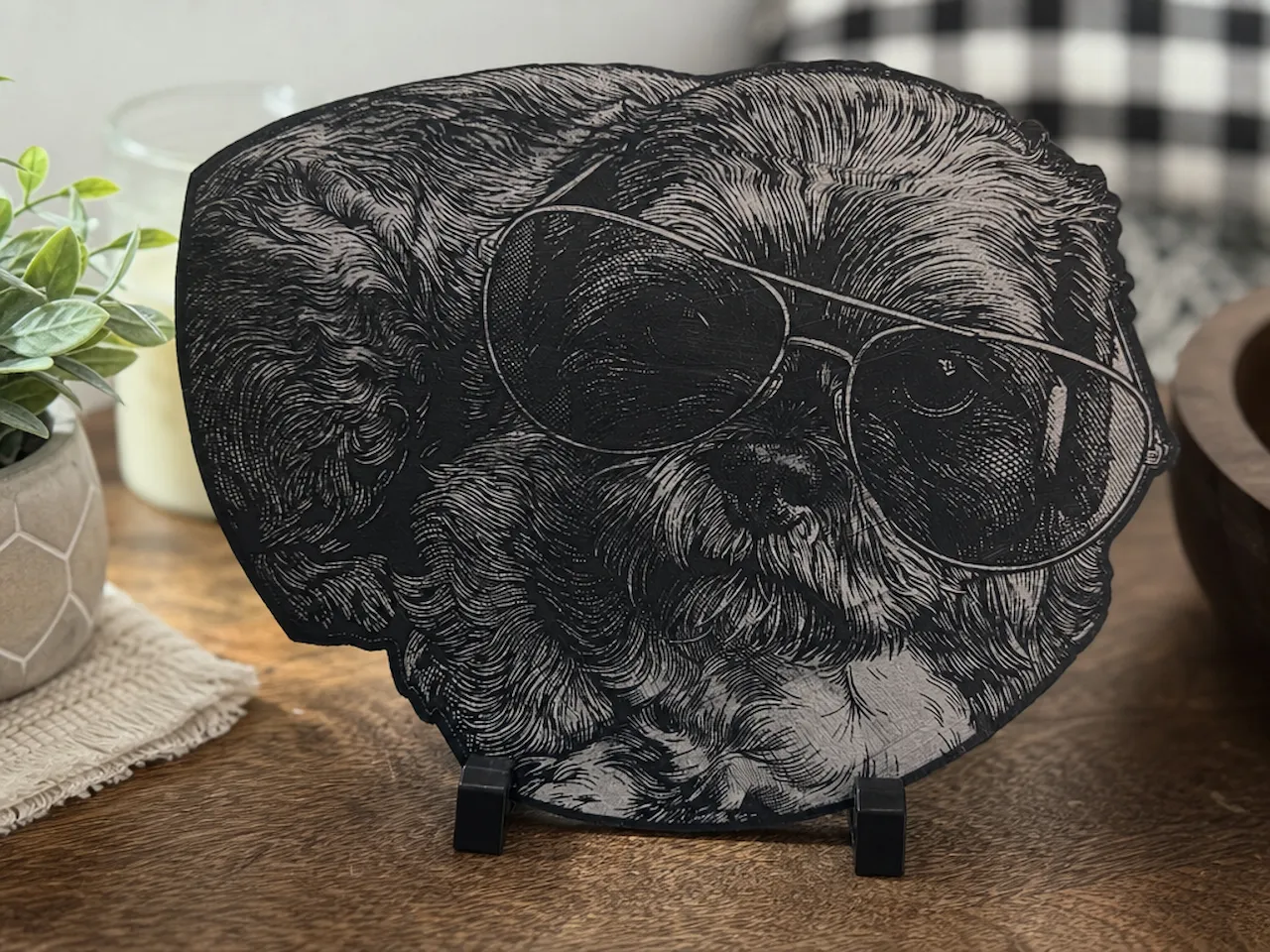 [Laser cut and engrave] Shaggy Dog Portrait Wearing Sunglasses Tabletop Display