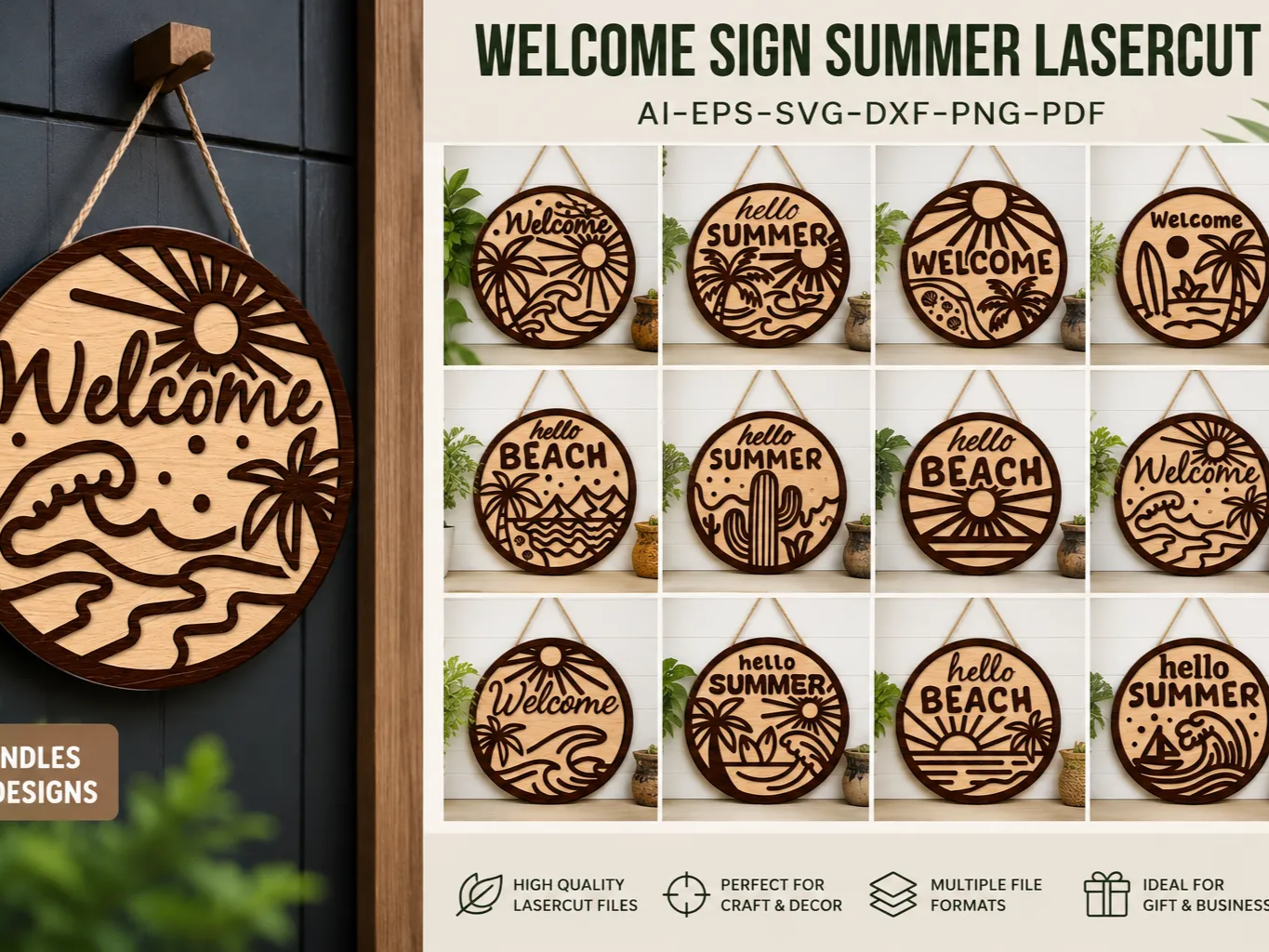 Round Summer Welcome Sign with Beach and Tropical Palm Tree Motifs
