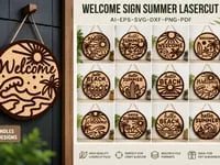 [Laser cut and engrave] Round Summer Welcome Sign with Beach and Tropical Palm Tree Motifs